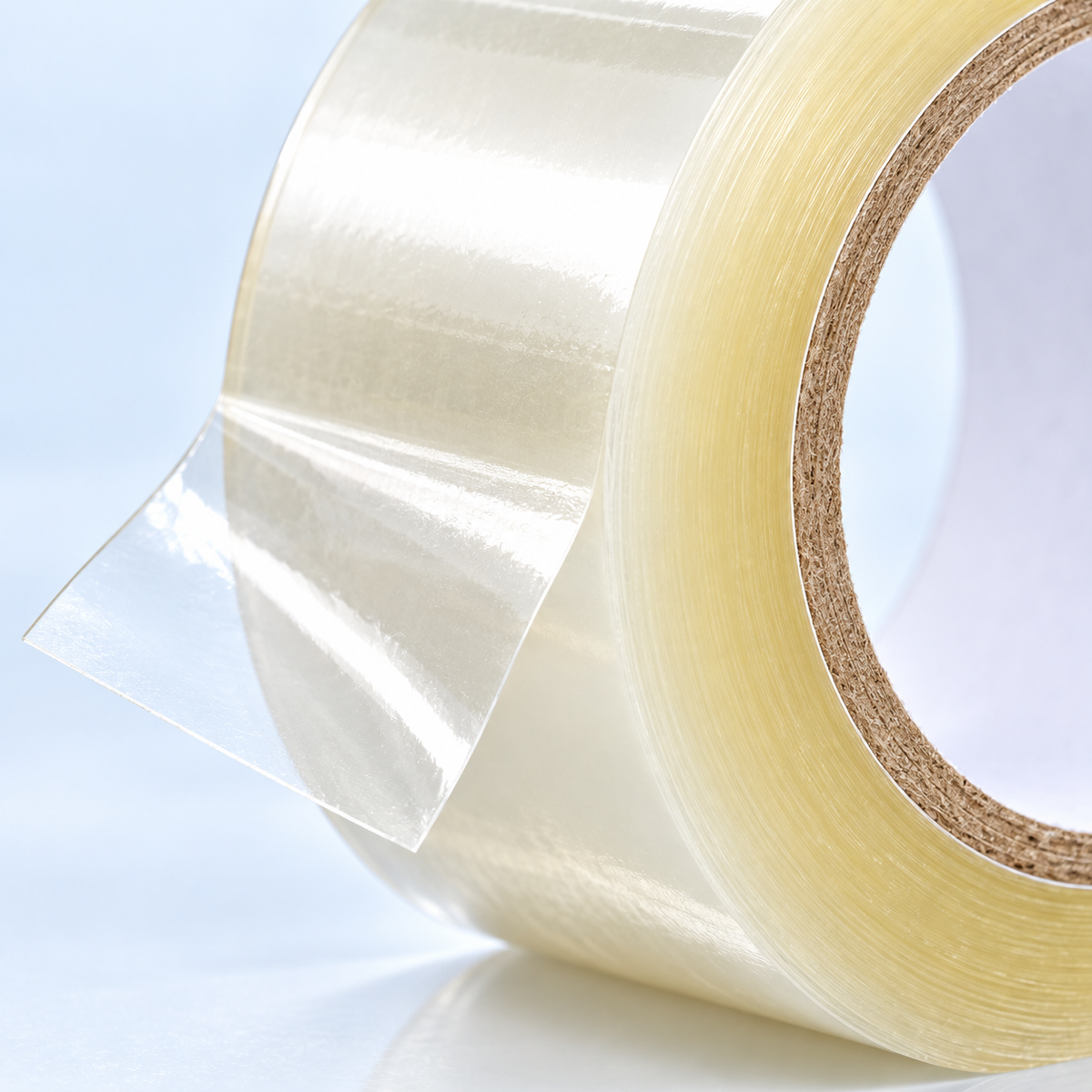 Clear carton sealing tape transparency, roll edge and cardboard core close-up