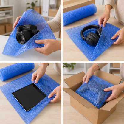 Ocean Blue bubble wrap used to protect cameras, headphones, tablets and electronics