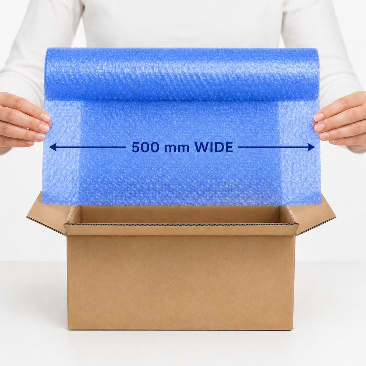 Ocean Blue coreless bubble wrap shown at 500 mm wide