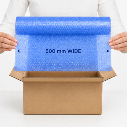 Ocean Blue coreless bubble wrap shown at 500 mm wide