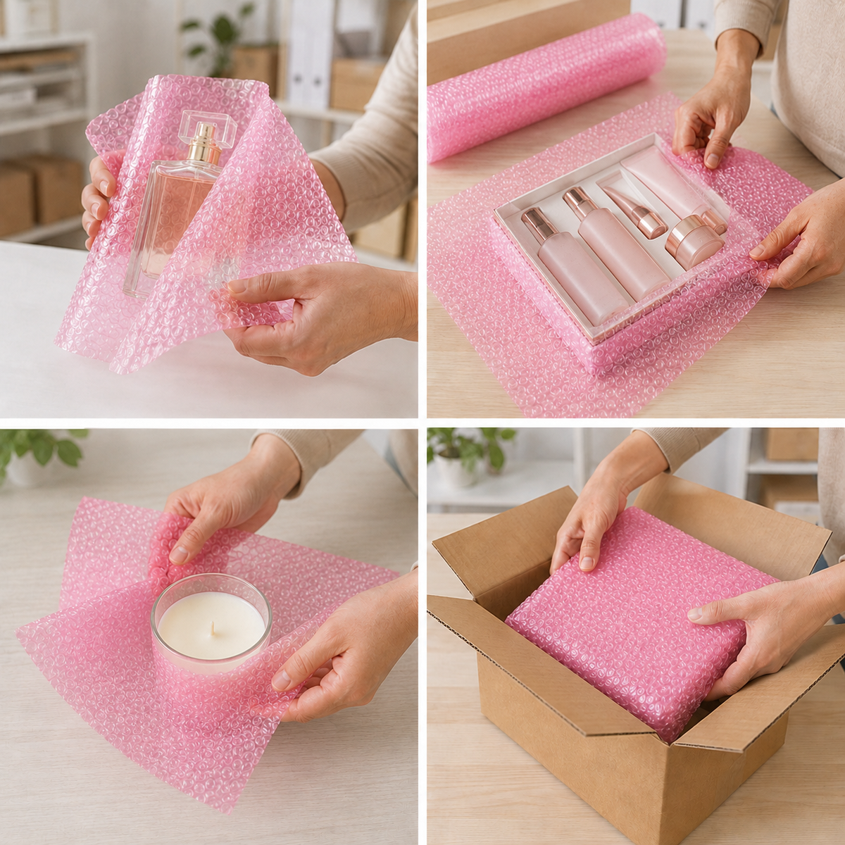 Pink bubble wrap used to protect gifts, cosmetics, perfume and candles