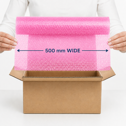 Pink coreless bubble wrap shown at 500 mm wide