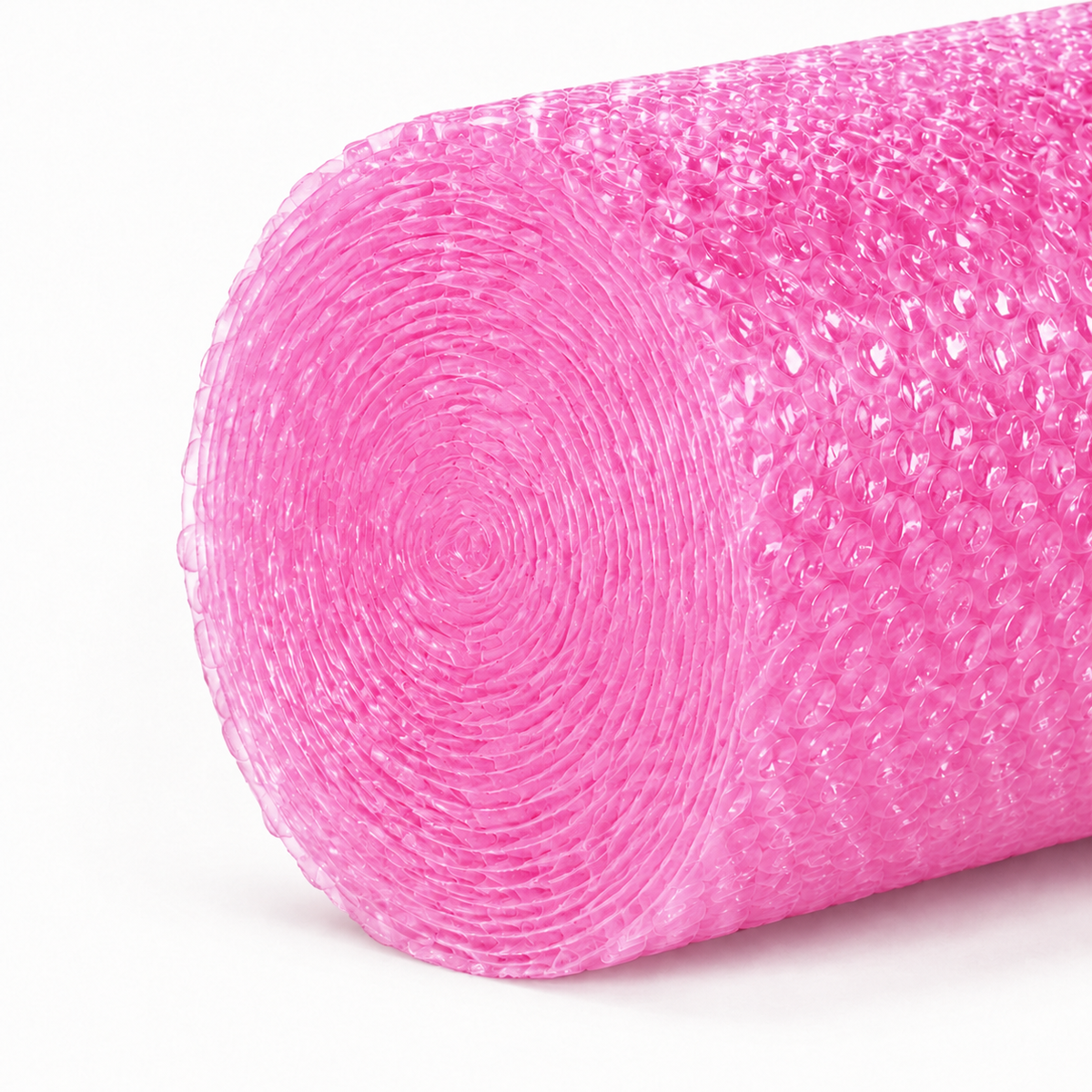 Pink coreless bubble wrap roll construction close-up