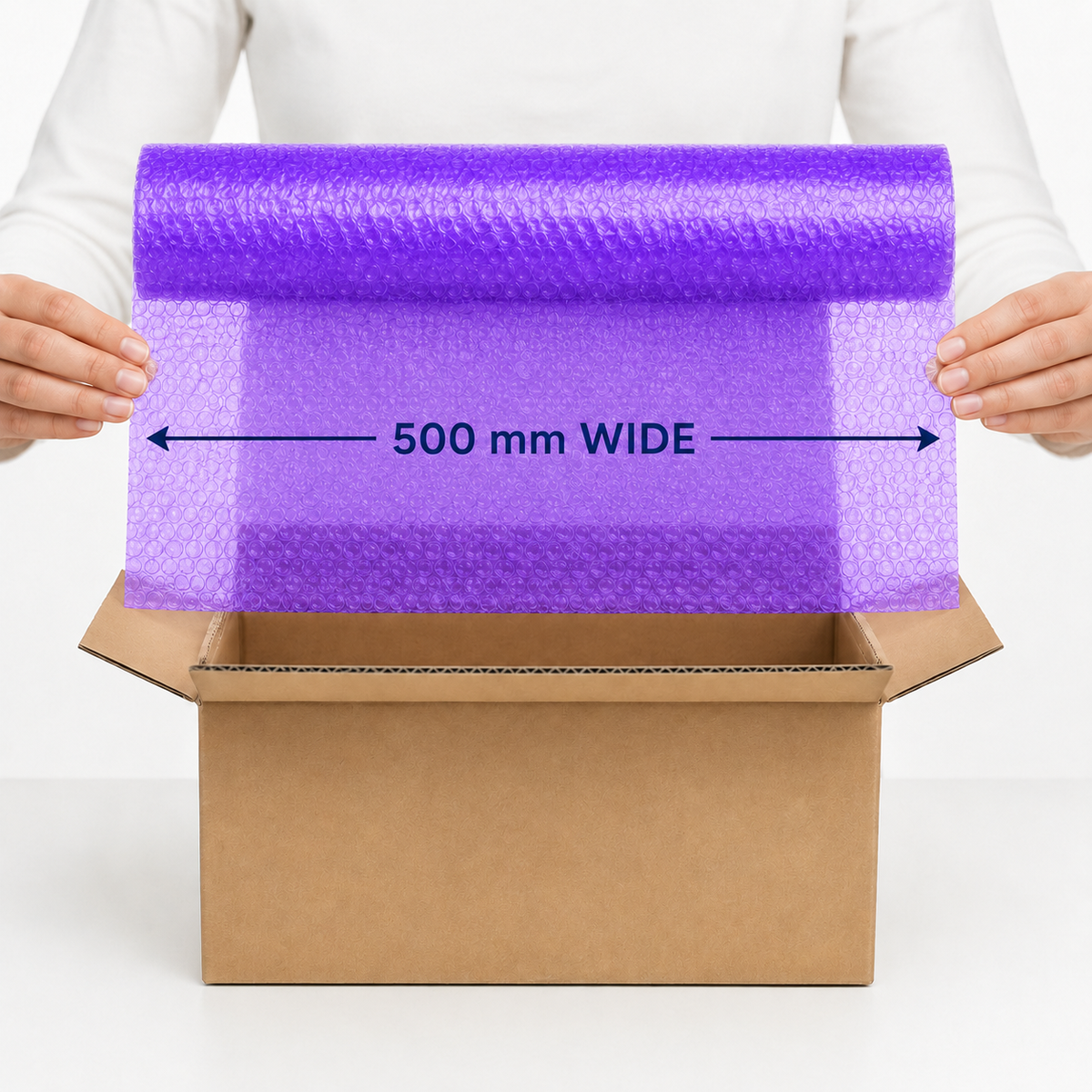 Royal Purple coreless bubble wrap shown at 500 mm wide