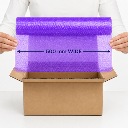 Royal Purple coreless bubble wrap shown at 500 mm wide