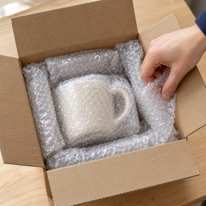 Illustrative packing scene showing a wrapped ceramic mug cushioned inside a carton