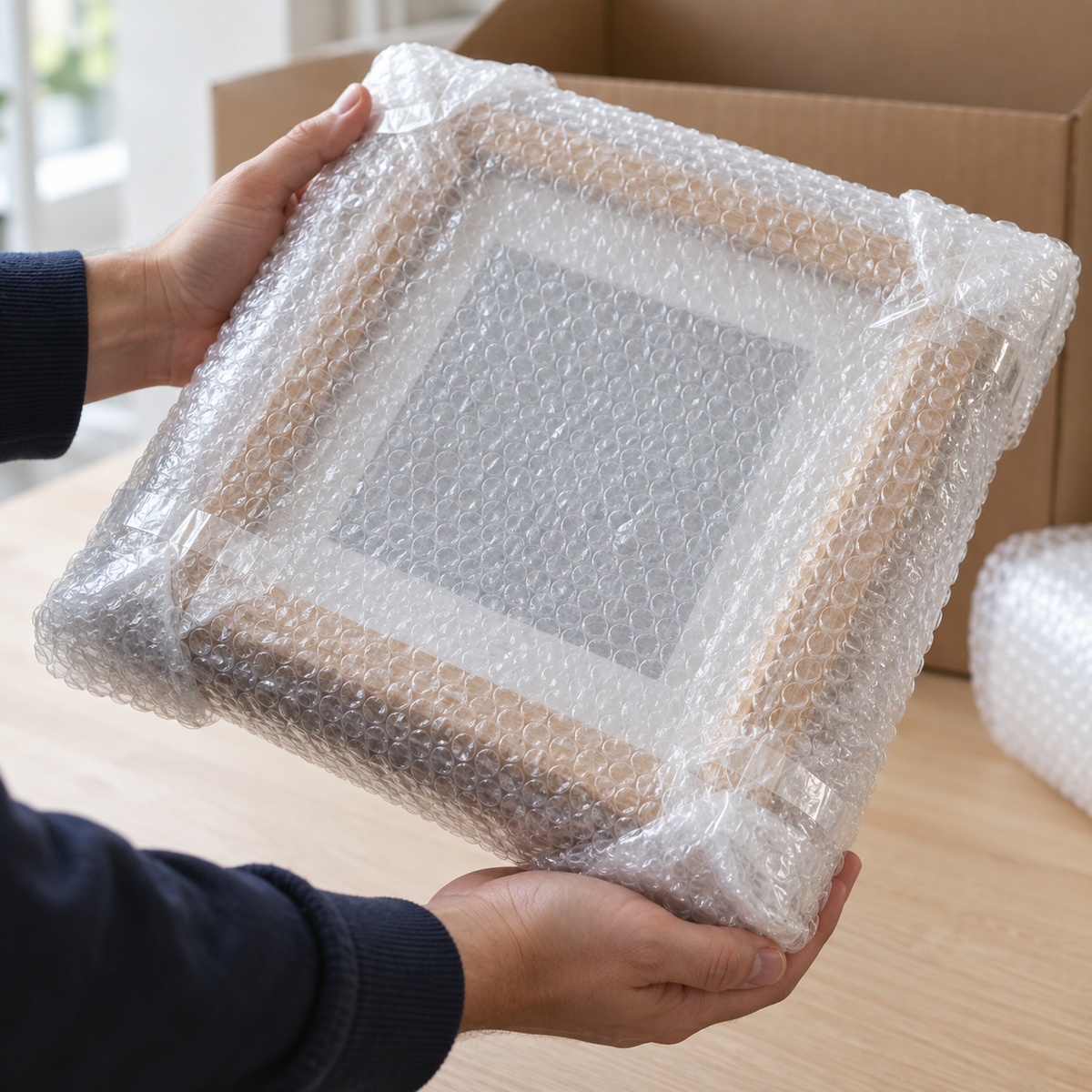 Illustrative packing scene showing a wrapped picture frame with cushioning around corners