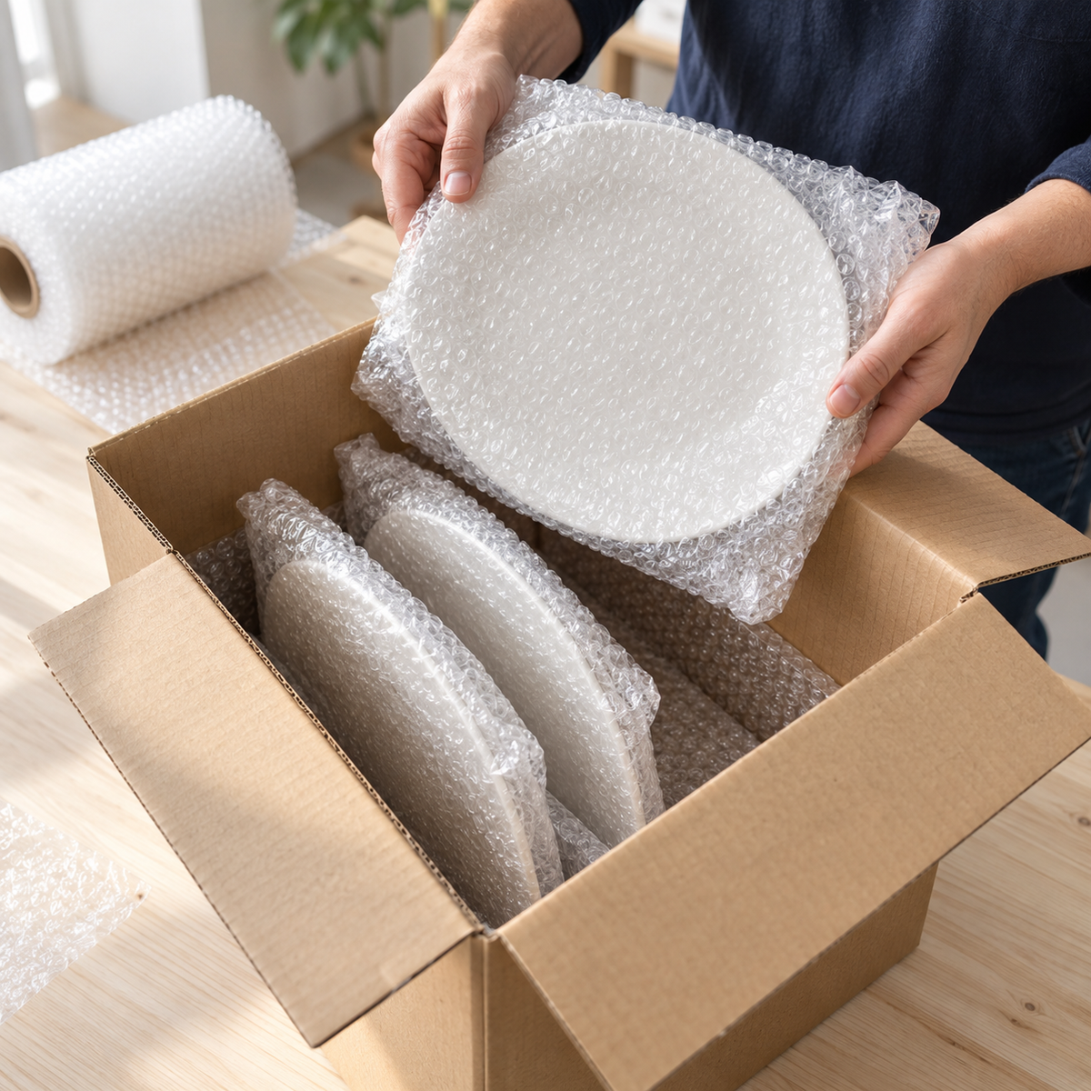 Illustrative packing scene showing individually wrapped plates placed upright in a cushioned carton