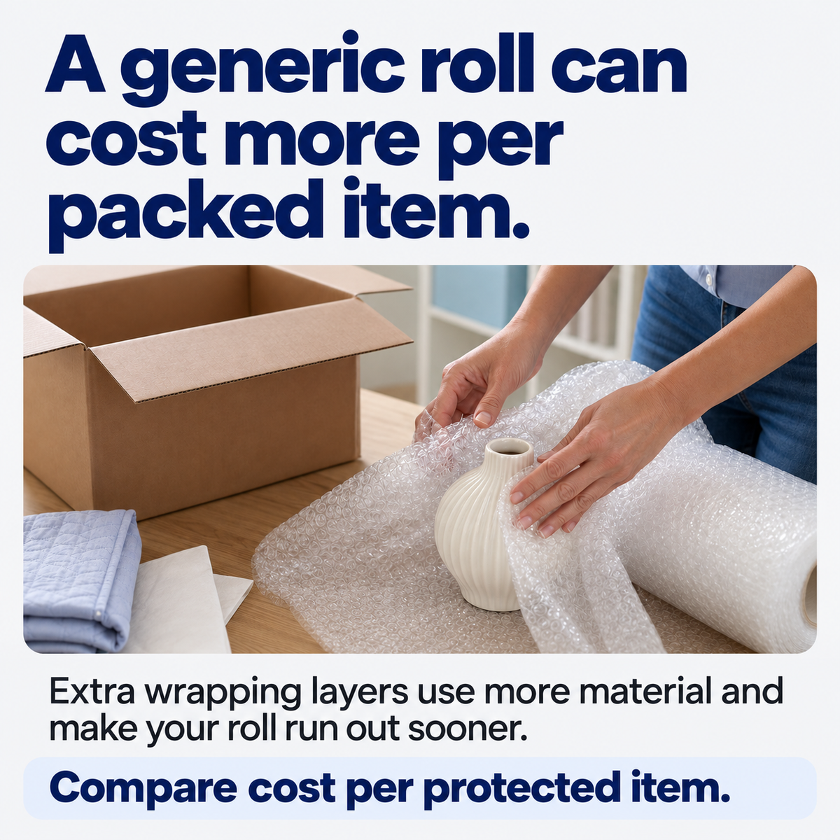 A generic roll can cost more per packed item. Extra wrapping layers use more material. Compare cost per protected item.