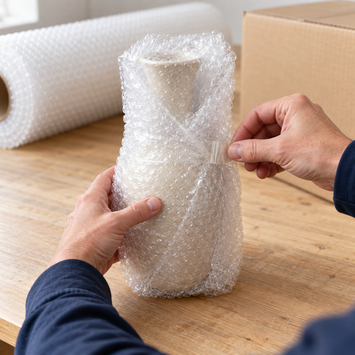 Illustrative packing scene with a ceramic vase wrapped in clear bubble wrap