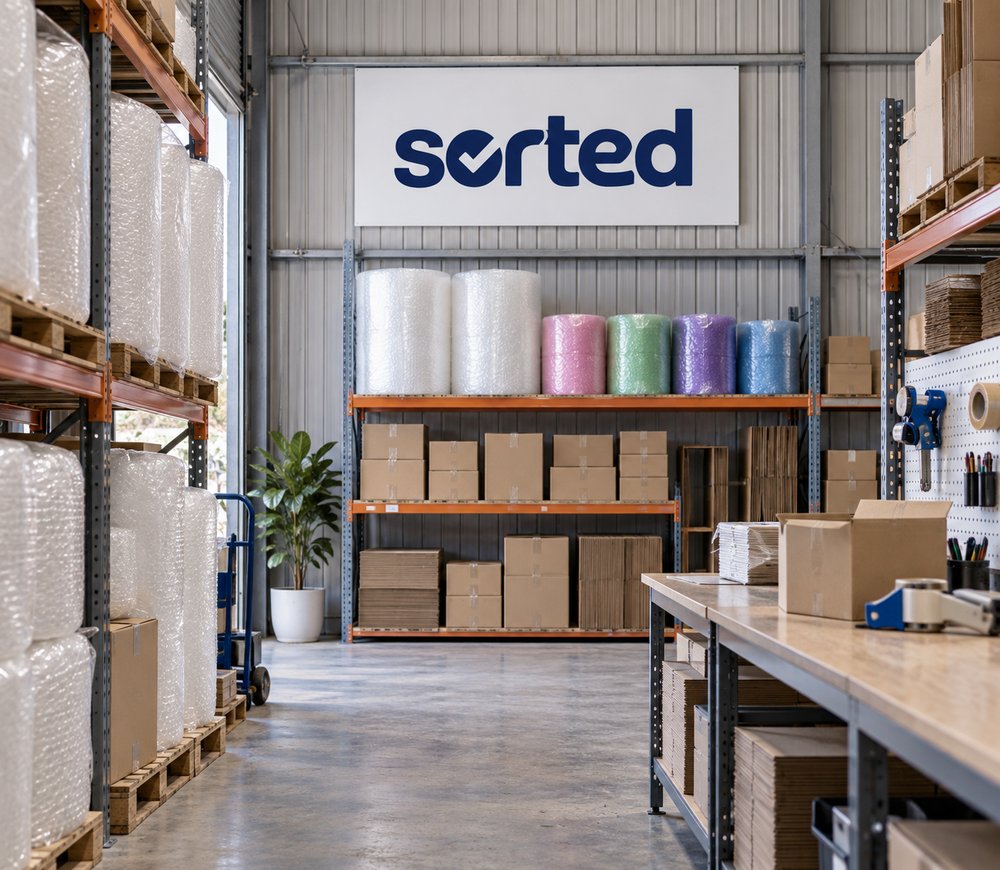 Illustrative Sorted-branded packaging warehouse with bubble wrap rolls and a packing bench
