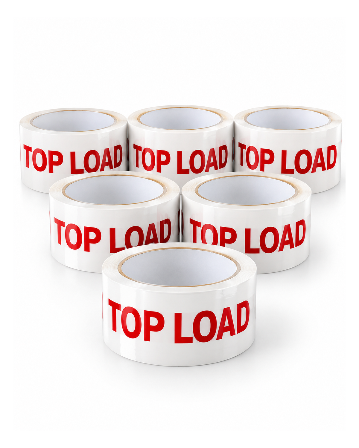 Top Load printed packing tape, six-roll pack on white background