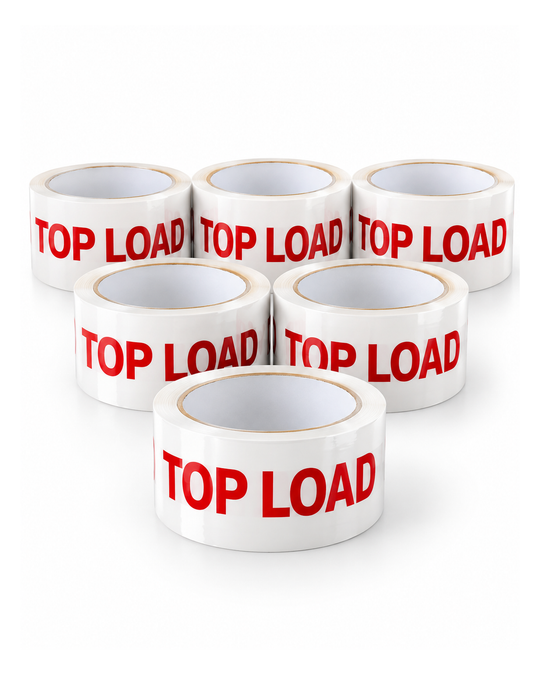Top Load printed packing tape, six-roll pack on white background