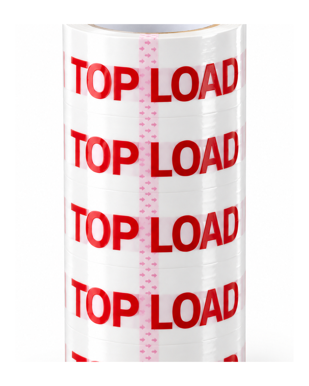 Close-up of red TOP LOAD print on white packing tape