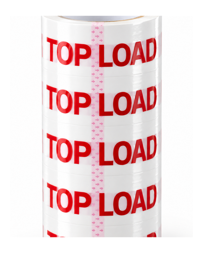Close-up of red TOP LOAD print on white packing tape
