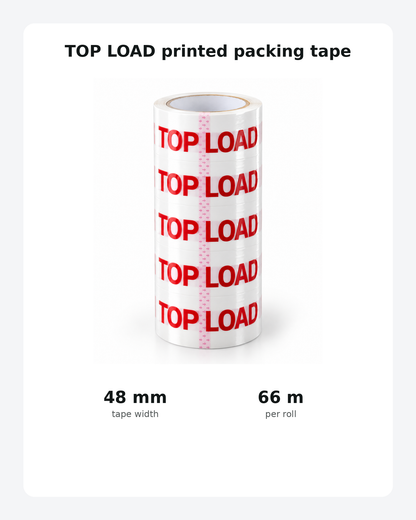 Top Load printed packing tape specifications, 48 mm wide and 66 m per roll