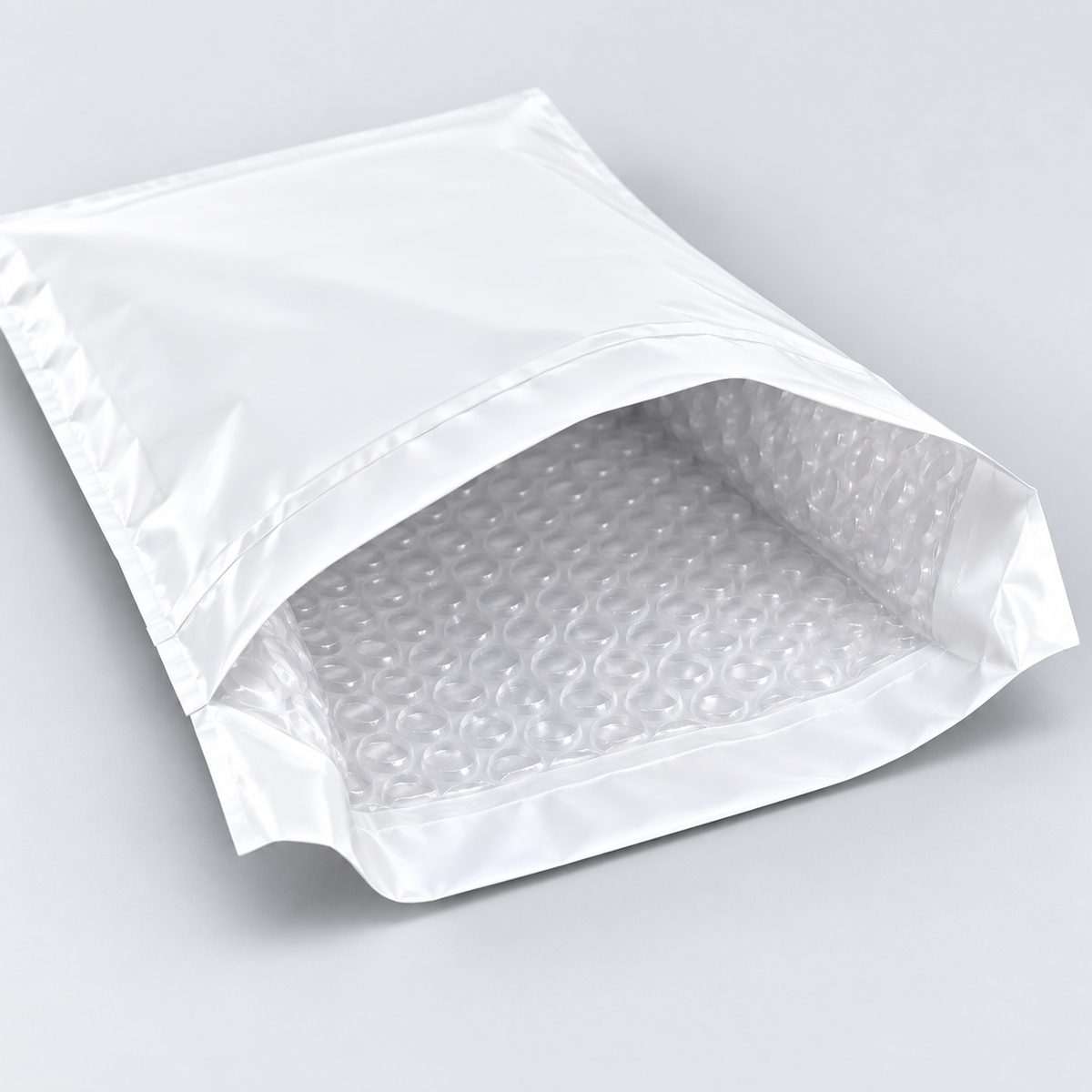Open white mailing satchel showing its built-in air bubble cushioning lining