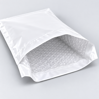 Open white mailing satchel showing its built-in air bubble cushioning lining
