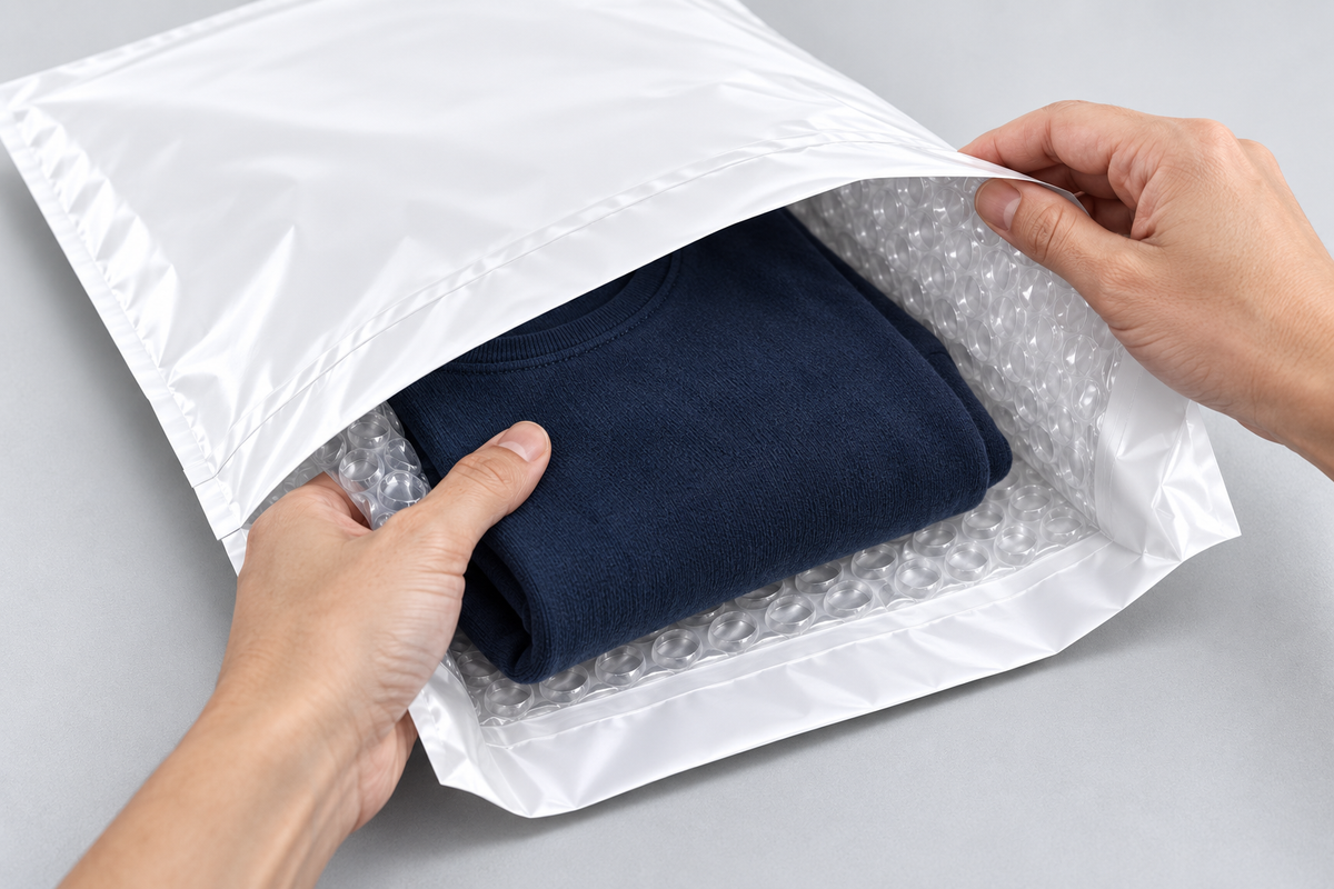 Packing a folded navy garment into a white satchel with visible air bubble lining