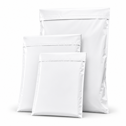 White mailing satchels in three sizes on a clean white background