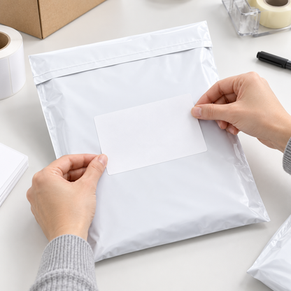 Applying a shipping label to a white mailing satchel