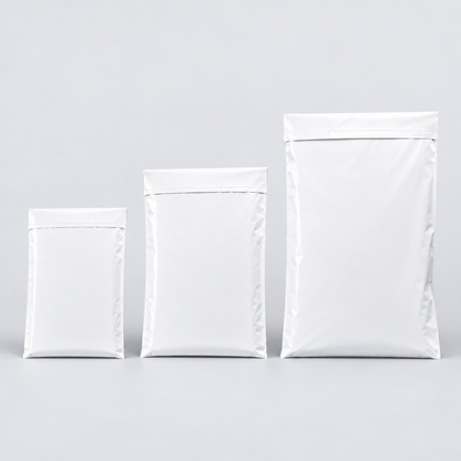 Small, medium and large white mailing satchels shown side by side